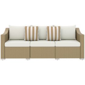 Rattan Wicker 3-Seater Patio Couch with Cushions, 2 Throw Pillows, Outdoor Furniture Rattan Sofa, Cream White