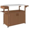 Outdoor Bar Cart with Storage, Stainless Steel Outdoor Bar Table Top, Wheeled HDPE Kitchen Island for Food Prep, Brown