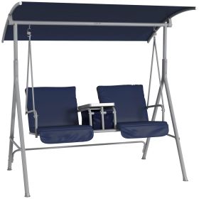 Porch Swing 2-Person with Stand, Outdoor, Dark Blue, Canopy, Cup Holders, Cushions for Patio Backyard