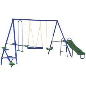 5-in-1 Swing Set With Glider, Heavy Frame Outdoor Playset for Kids, with Saucer Swing, Slide, Seesaw, Glider, Swing Seat; Blue