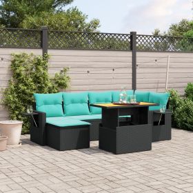 7 Piece Patio Sofa Set with Cushions Black Poly Rattan