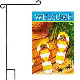 Combo Pack: Garden Flag Stand Black 36"x16" & Garden Flag Welcome Summer Sandals/Sunglasses 12"x18"