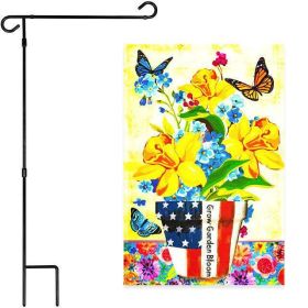 Combo Pack Garden Flag Stand Black 36"x16" & Garden Flag Garden Spring Bloom USA Flower Pot with Butterflies 12"x18"