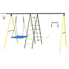 5-in-1 Heavy Duty Metal Swing Set; Backyard Fun for Kids, 440lbs Capacity, Ages 3-8, Yellow