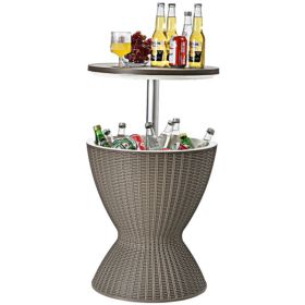 Outdoor Imitation Rattan Ice Cooler Side Table 8 Gal 2-Height Adjustable with Drain Plug, Brown