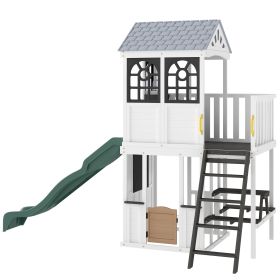 Two-Story Outdoor Playhouse, Wooden Kids Playhouse with Slide, Table & Bench, Play Kitchen, Ladder, Blackboard, White