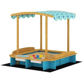 Wooden Sandbox with Dinosaur Print Canopy Kids Sandbox Outdoor with Bench Seats & 2 Storage Bins