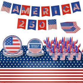 181Pcs 4th of July 250th Anniversary Party Supplies Set Independence Day Red White Blue Disposable Tableware with Plates Cups Cutlery Napkins Banner T