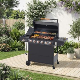 6-Burner BBQ Propane Gas Grill with Side Burner 72000 BTU Output Stainless Steel Barbecue Grill with Cast Iron Grates and Side Tables for Outdoor