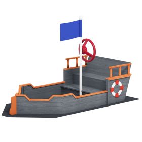 Kids Wooden Sandbox Pirate Ship Sandboat w/ Bench Seat Storage Space Ceder Wood, Gray