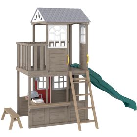 Two-Story Outdoor Playhouse, Wooden Kids Playhouse with Slide, Bench, BBQ Play Kitchen, Ladder, Lookout Platform, Clock