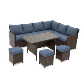 7-Piece Wicker Patio Dining Set 9-Seat Outdoor Sectional Blue Cushions Sofa with Ottomans & Dining Table Porch Backyard Garden
