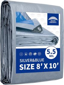 Tarps 8x10 Feet, 5.5 Mil - Multipurpose Waterproof Poly Tarp Cover with Metal Grommets and Reinforced Edges, Silver/Blue Tarp