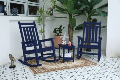 All Weather Rocking Chair Set with Side Table; 3-Piece Rocking Chair Set with Wood-Texture, Navy Blue (includes 2 Rocking Chairs and 1 Table)