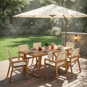 7-Piece Acacia Wood Outdoor Dining Set; Modern 6 Chairs 1 Large Table Dining Furniture Set for Lawn/Backyard/Garden/Deck/Poolside, Beige