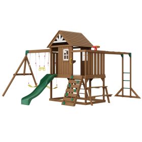 VEVOR Wooden Swing Set, 10 IN 1 Playground Sets for Backyards, 2 Swings, Trapeze Bar, 6FT Slide, Large Upper Fort with Kitchen Toys, Flat Step Ladder