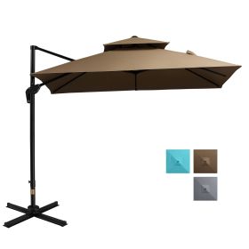 10ft Offset Patio Umbrella with Base, Double Top Hanging Aluminum Cantilever Umbrella with 360-degree Rotation, Easy Tilt, 8 Ribs, Crank, Cross B