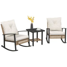 3-Piece Bistro Set; Patio Wicker Furniture Set with Button Tufted Cushions, Rattan Rocking Chairs, Coffee Table, White