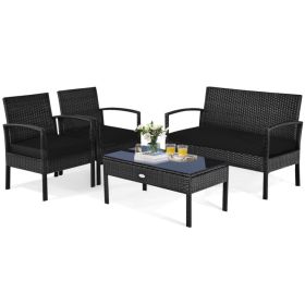 4 Pieces Patio Rattan Cushioned Furniture Set with Loveseat and Table
