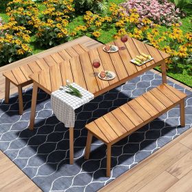 3-Piece Acacia Wood Table Bench Dining Set For Outdoor & Indoor Furniture With 2 Benches, Picnic Beer Table for Patio, Porch, Garden, Poolside