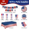 181Pcs 4th of July 250th Anniversary Party Supplies Set Independence Day Red White Blue Disposable Tableware with Plates Cups Cutlery Napkins Banner T