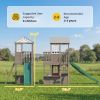 Two-Story Outdoor Playhouse, Wooden Kids Playhouse with Slide, Bench, BBQ Play Kitchen, Ladder, Lookout Platform, Clock