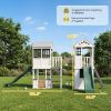 Two-Story Outdoor Playhouse, Wooden Kids Playhouse with Slide, Table & Bench, Play Kitchen, Ladder, Blackboard, White