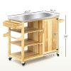 Outdoor Grill Cart with Stainless Steel Top, Solid Wood Outdoor Kitchen Island with Wheels, Natural Wood