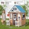 Wooden Kids Playhouse with Pet Door, Play Kitchen, Mailbox, Doorbell, Birdhouse, Fence and Windows for Pretend Play