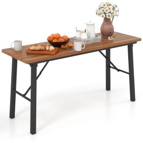Folding Picnic Table Acacia Wood Dining Table with Metal Frame for Indoor Outdoor Activities (Color: Natural)