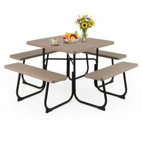Outdoor Picnic Table with 4 Benches and Umbrella Hole (Color: Brown)