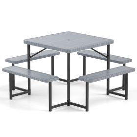 Outdoor Square Picnic Table Bench Set for 4-8 People with Umbrella Hole (Color: Grey)
