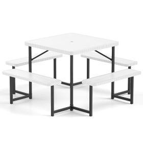 Outdoor Square Picnic Table Bench Set for 4-8 People with Umbrella Hole (Color: White)