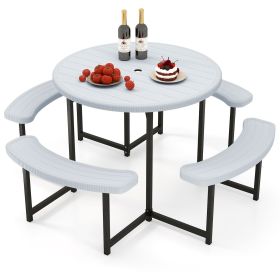 Round Picnic Table Bench Set with 4 Benches and Umbrella Hole for Patio Lawn (Color: White)