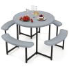 Round Picnic Table Bench Set with 4 Benches and Umbrella Hole for Patio Lawn