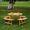 Outdoor 6 Person Picnic Table, 6 person Round Picnic Table with 3 Built-in Benches, Umbrella Hole, Outside Table and Bench Set for Garden, Backyard