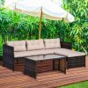Brown Rattan Sectional Couch with Beige Cushions & Coffee Table Patio Furniture Set