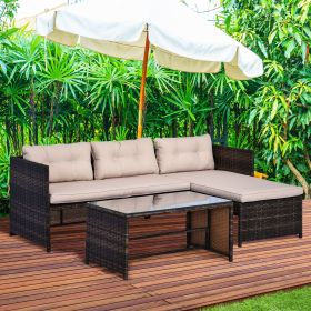Brown Rattan Sectional Couch with Beige Cushions & Coffee Table Patio Furniture Set (default: default title)