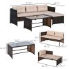Brown Rattan Sectional Couch with Beige Cushions & Coffee Table Patio Furniture Set