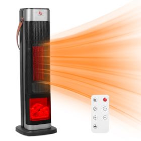 1-Piece 1500W Oscillating Ceramic Tower Space Heater with 3-D Flame Portable Electric Heater with 3 Wind Mode Heating; Remote Control, 12H Timer (Option: Black)