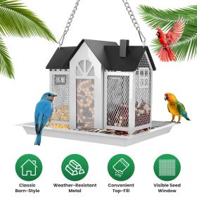 Metal Hanging Bird Feeder House Classic Barn Bird Feeder House Iron Hanging Outdoor Feeder with Visible Window and Lift Top Lid 15.75in Hanging Length (Color: White)