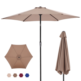 7.5-Foot Outdoor Terrace Sun Umbrella, with Button Tilt and Hand-Cranking Device, 6-rib Design, UV15+ Waterproof Fabric (Color: Brown)