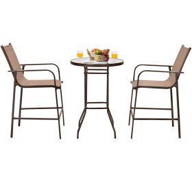 3-Piece Outdoor Patio Bar Table and Stool Set (Color: Brown)