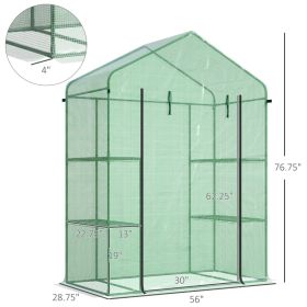 Walk-In Greenhouse; Garden Hot House with 3-Tier Shelves, Roll-Up Door and PE Cover, Green (Option: Green)
